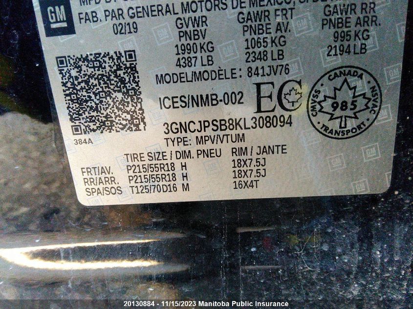 2019 Chevrolet Trax Lt VIN: 3GNCJPSB8KL308094 Lot: 20130884