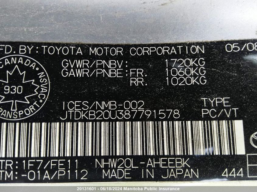 2008 Toyota Prius VIN: JTDKB20U387791578 Lot: 20131601