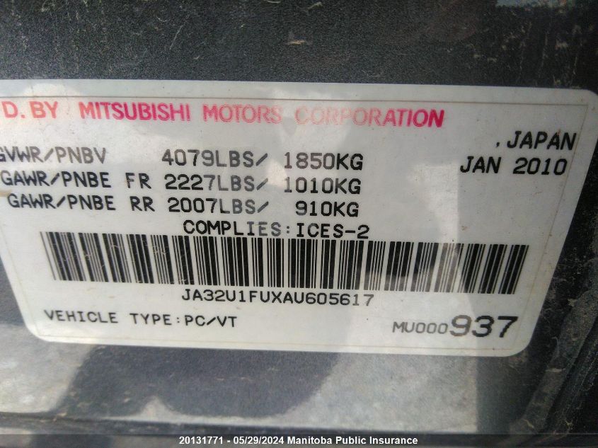 2010 Mitsubishi Lancer De VIN: JA32U1FUXAU605617 Lot: 20131771