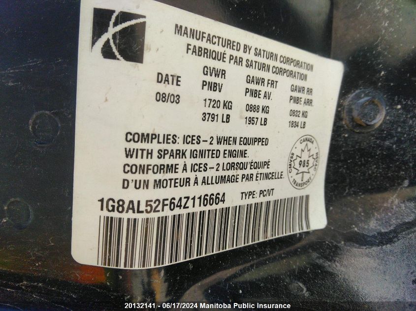 2004 Saturn Ion 3 VIN: 1G8AL52F64Z116664 Lot: 20132141