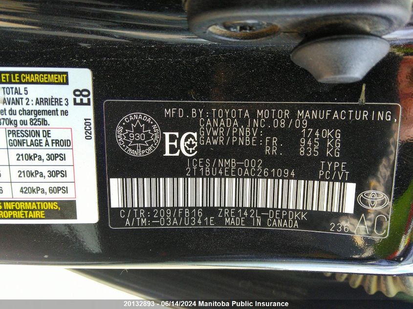 2010 Toyota Corolla Ce VIN: 2T1BU4EE0AC261094 Lot: 20132893