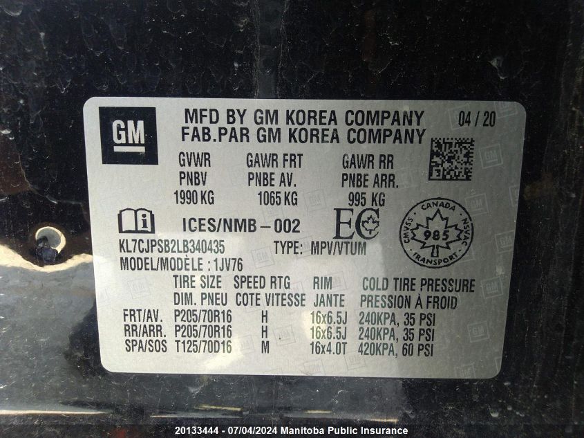 2020 Chevrolet Trax Lt VIN: KL7CJPSB2LB340435 Lot: 20133444