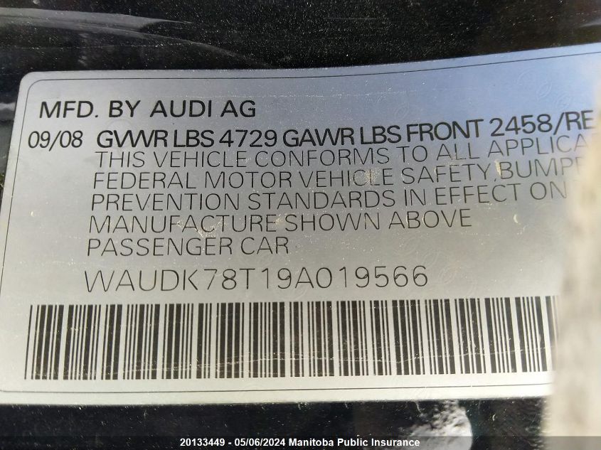 2009 Audi A5 VIN: WAUDK78T19A019566 Lot: 20133449