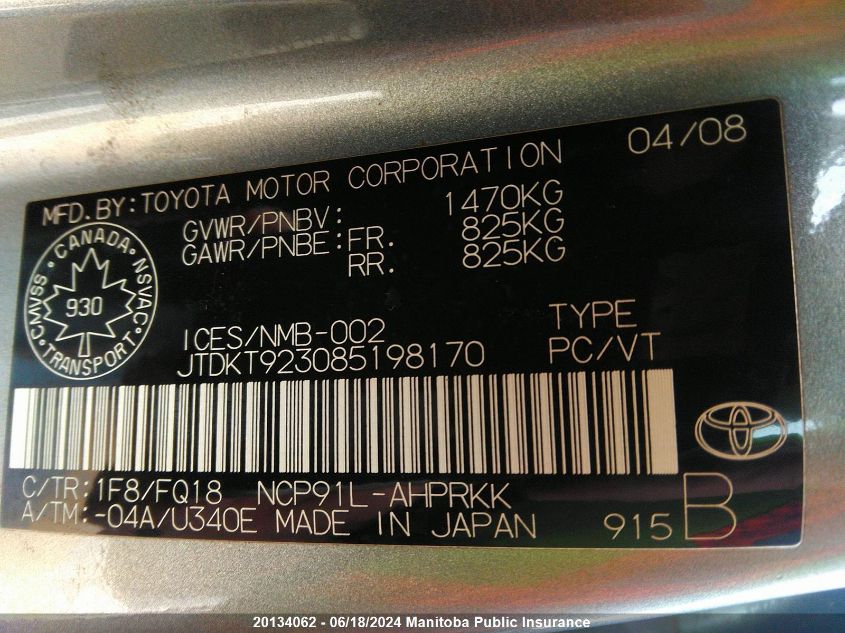 2008 Toyota Yaris Le VIN: JTDKT923085198170 Lot: 20134062