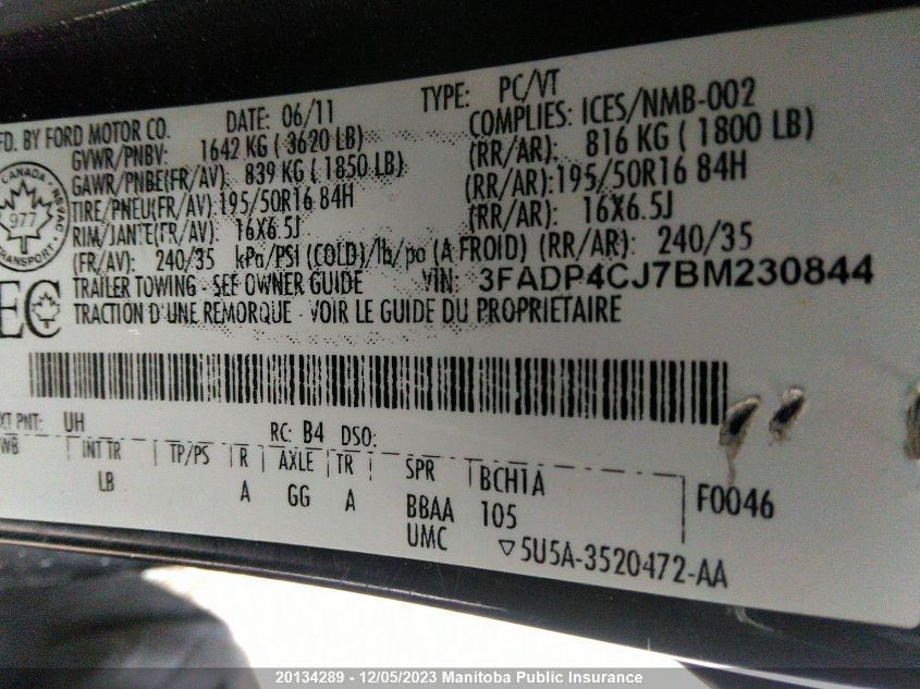 2011 Ford Fiesta Sel VIN: 3FADP4CJ7BM230844 Lot: 20134289