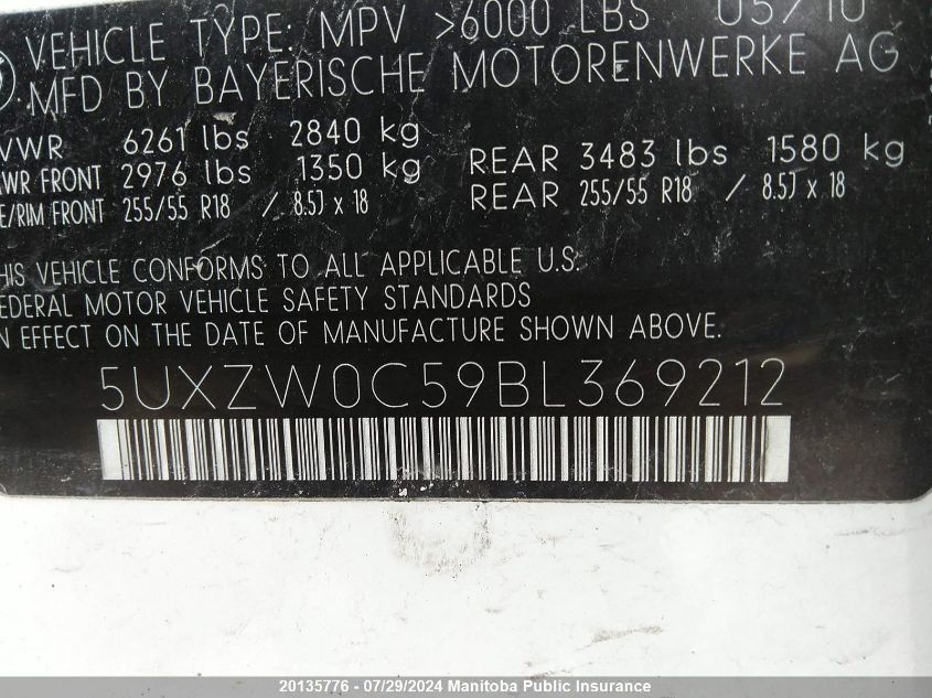 2011 BMW X5 35D VIN: 5UXZW0C59BL369212 Lot: 20135776