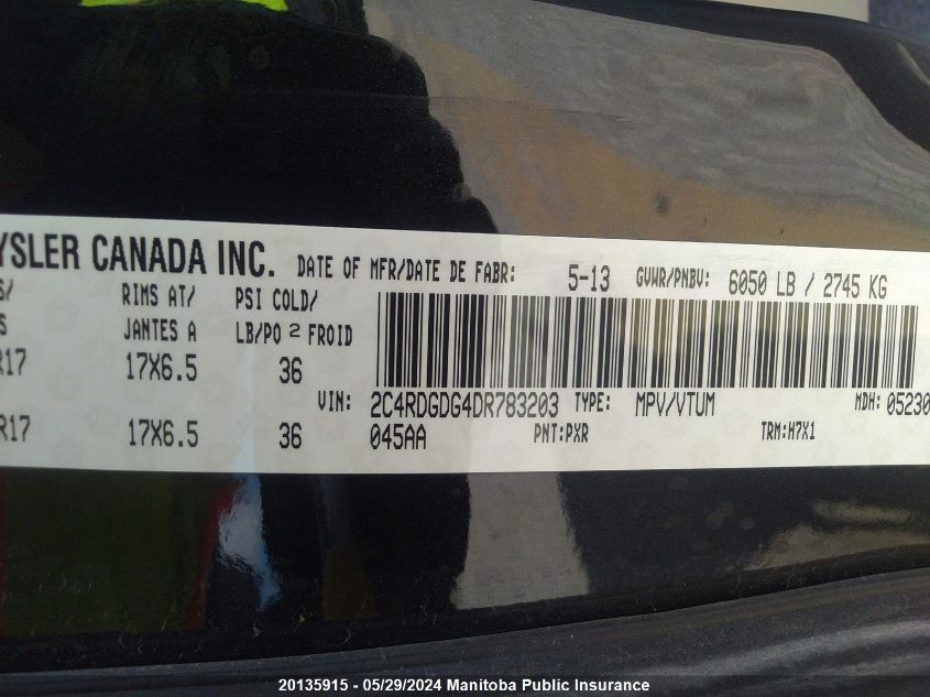 2013 Dodge Grand Caravan Crew VIN: 2C4RDGDG4DR783203 Lot: 20135915