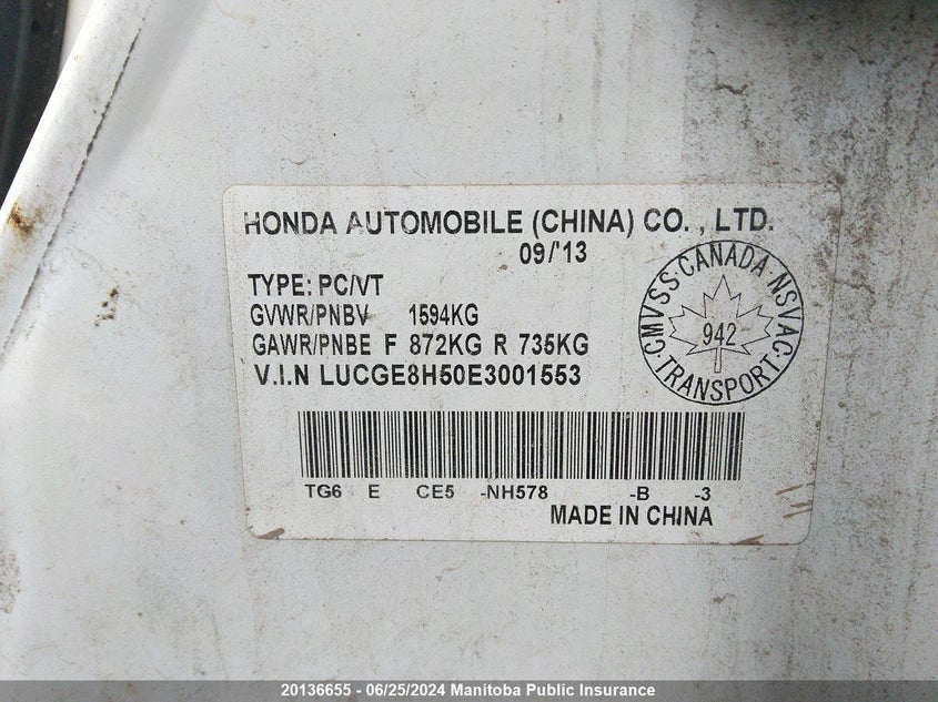 2014 Honda Fit Dx VIN: LUCGE8H50E3001553 Lot: 20136655