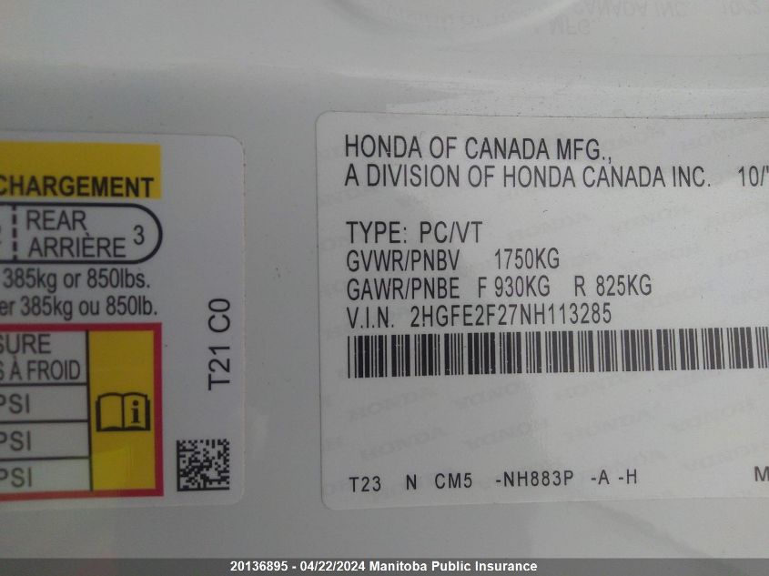 2022 Honda Civic Lx VIN: 2HGFE2F27NH113285 Lot: 49783994