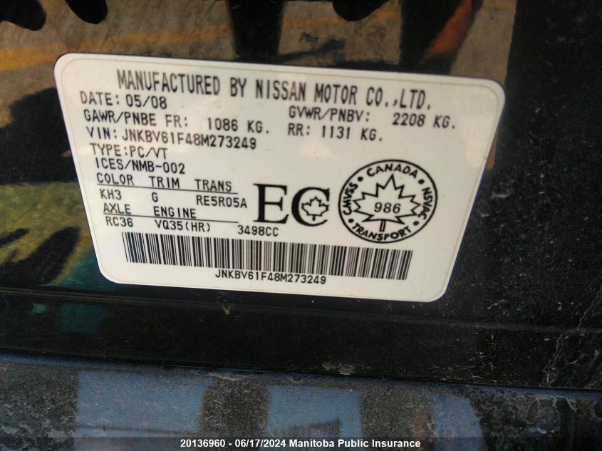 2008 Infiniti G35 X Sport VIN: JNKBV61F48M273249 Lot: 20136960