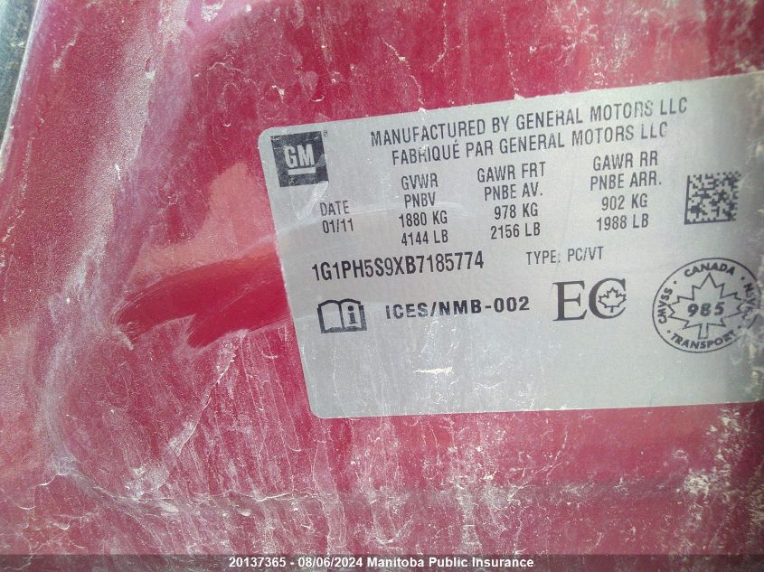 2011 Chevrolet Cruze Ltz Turbo VIN: 1G1PH5S9XB7185774 Lot: 20137365