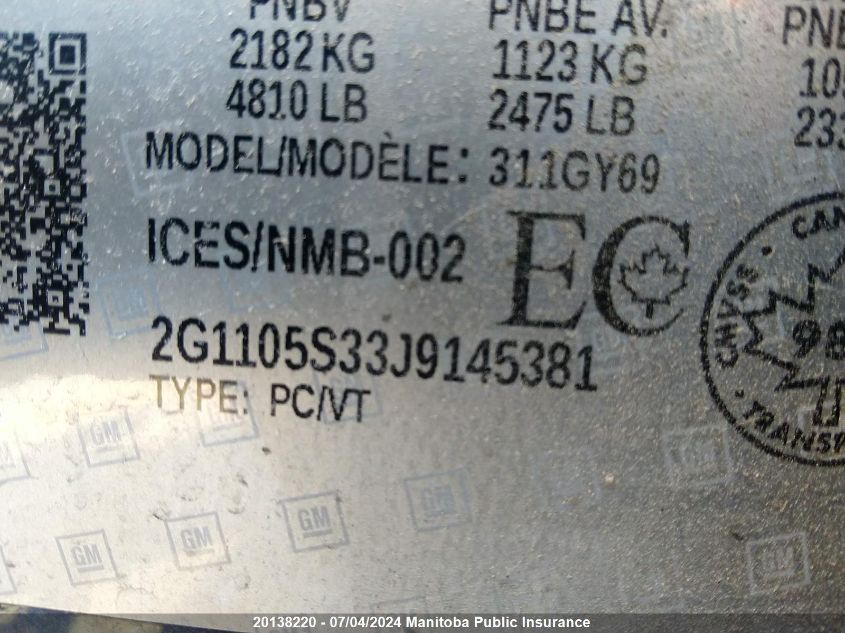 2018 Chevrolet Impala Lt V6 VIN: 2G1105S33J9145381 Lot: 20138220
