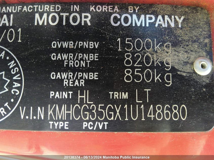 2001 Hyundai Accent Gs VIN: KMHCG35GX1U148680 Lot: 20138374