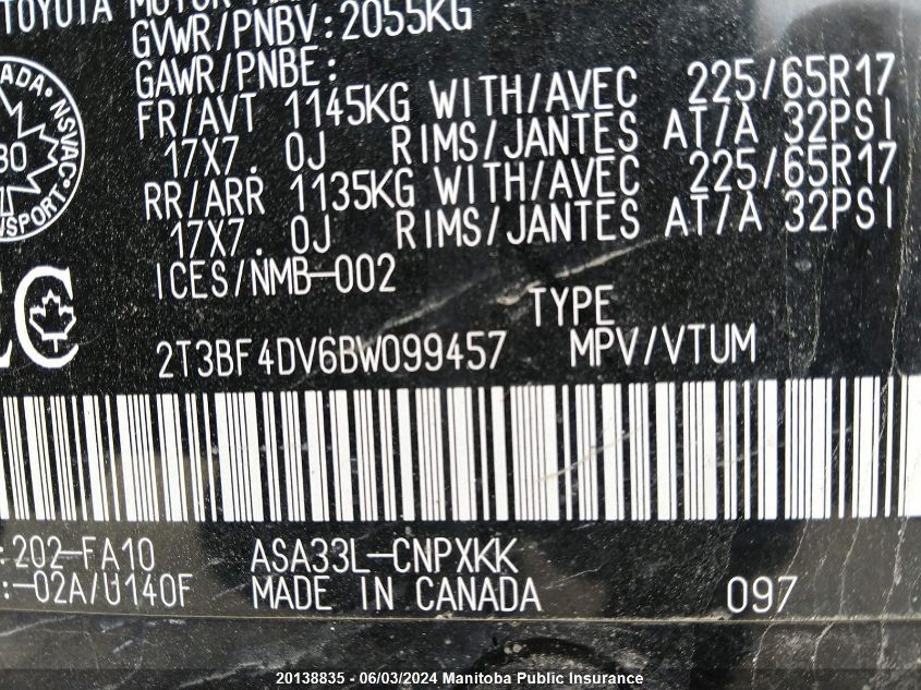 2011 Toyota Rav4 VIN: 2T3BF4DV6BW099457 Lot: 20138835