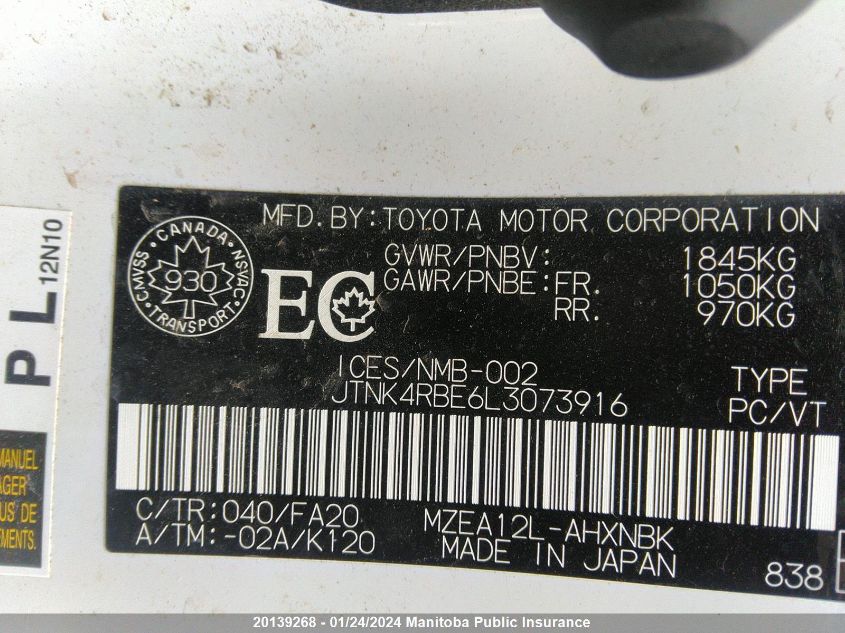 JTNK4RBE6L3073916 2020 Toyota Corolla Se