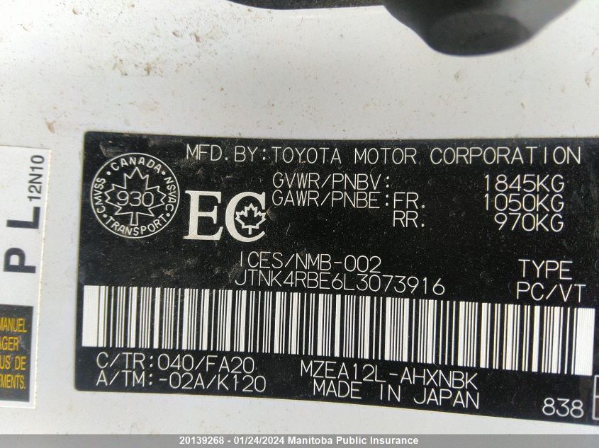 JTNK4RBE6L3073916 2020 Toyota Corolla Se