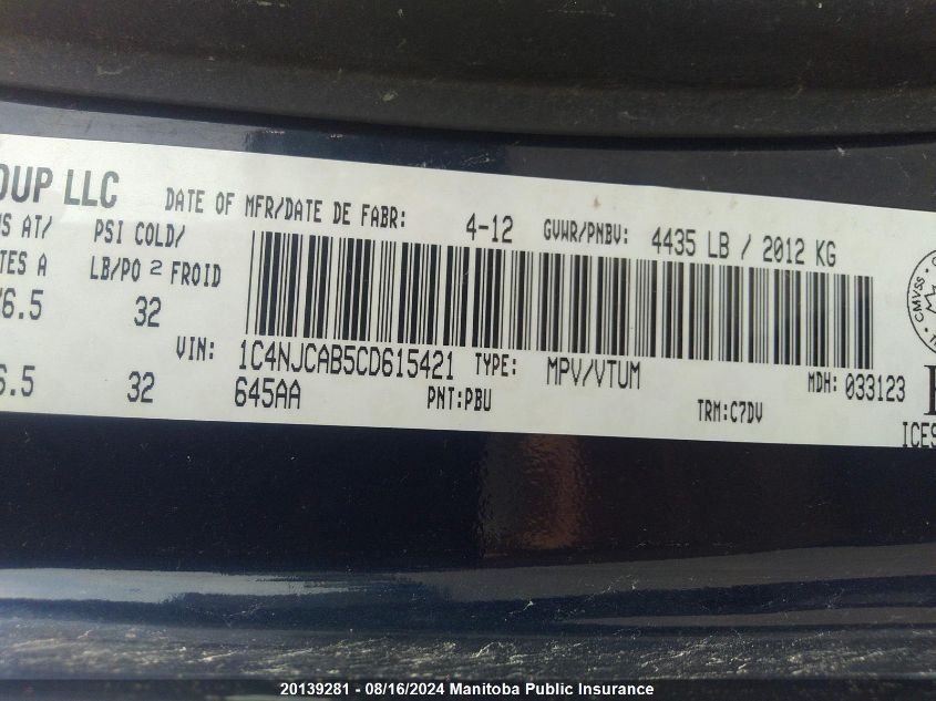 2012 Jeep Compass North VIN: 1C4NJCAB5CD615421 Lot: 20139281