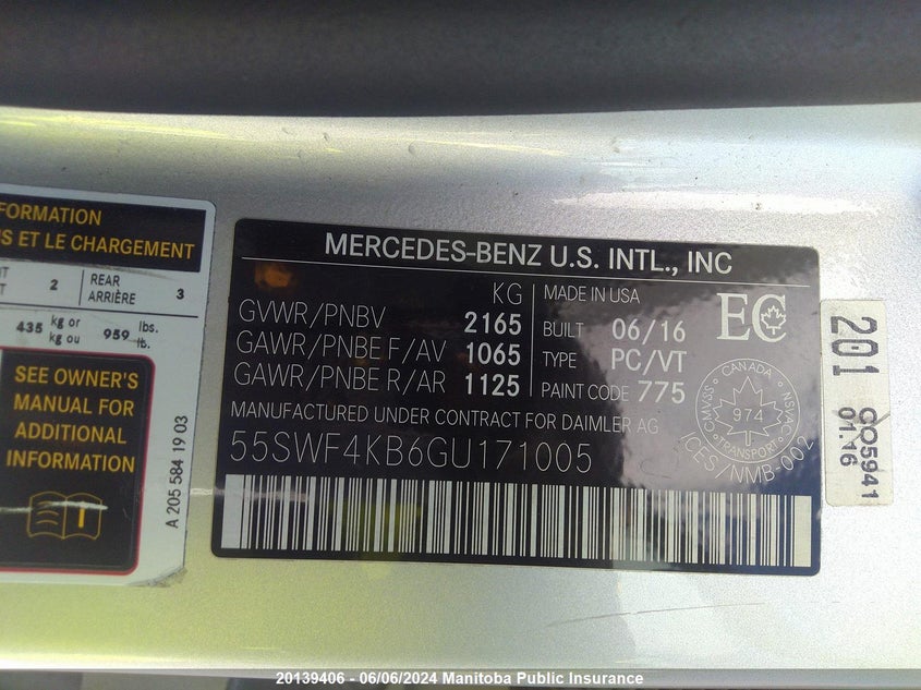 2016 Mercedes Benz C300W 4Matic VIN: 55SWF4KB6GU171005 Lot: 20139406