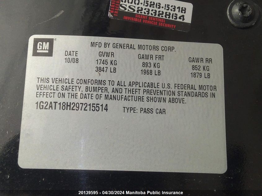 2009 Pontiac G5 Gt VIN: 1G2AT18H297215514 Lot: 20139595