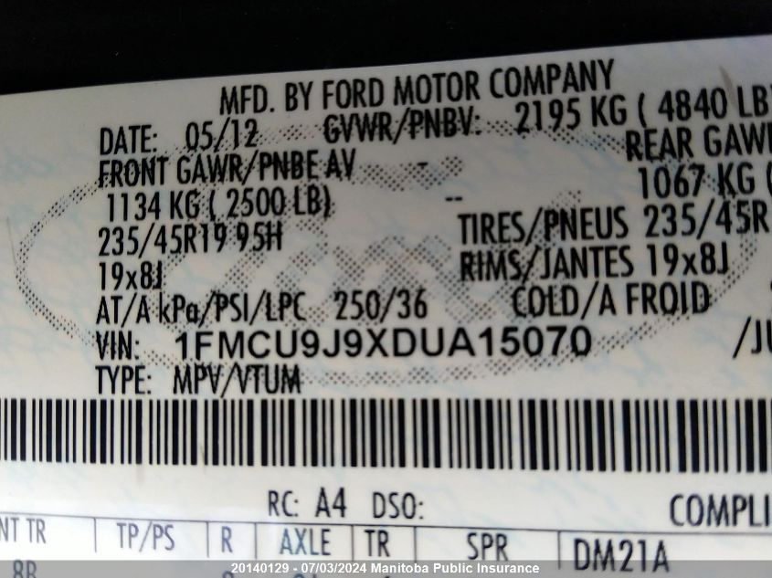 2013 Ford Escape Titanium VIN: 1FMCU9J9XDUA15070 Lot: 20140129