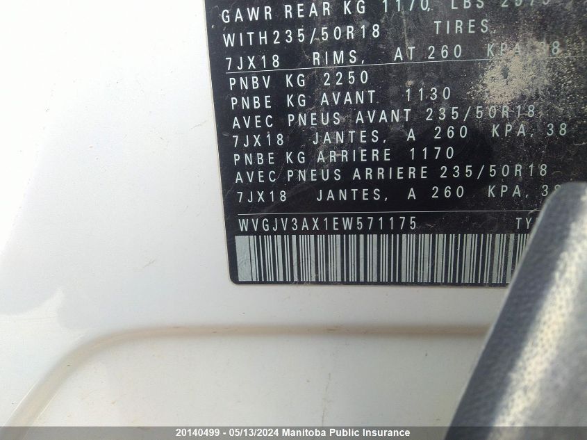 2014 Volkswagen Tiguan 2.0 Tsi VIN: WVGJV3AX1EW571175 Lot: 20140499