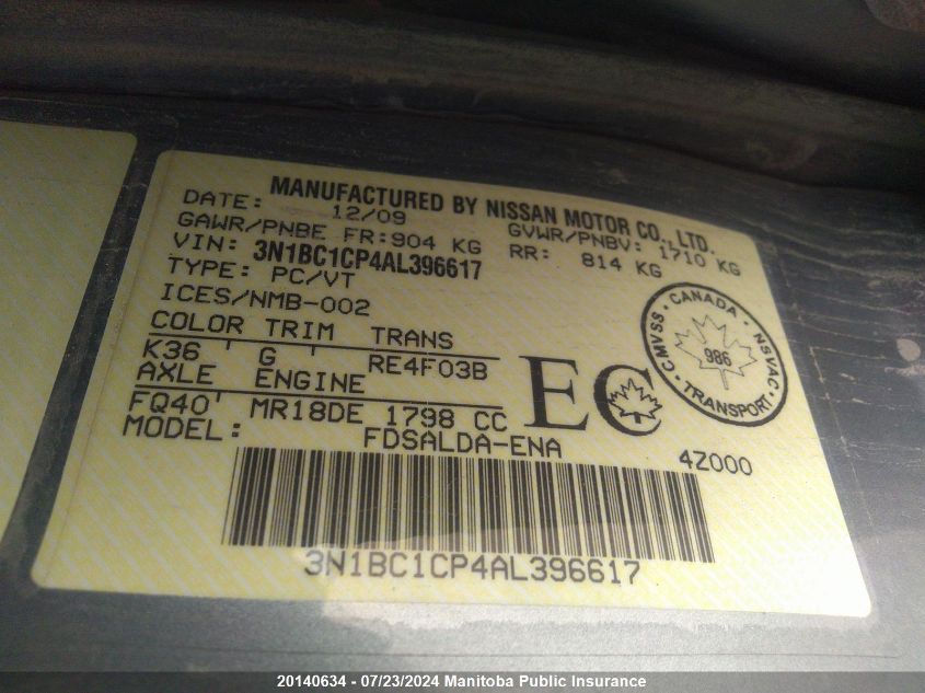 2010 Nissan Versa 1.8 S VIN: 3N1BC1CP4AL396617 Lot: 20140634