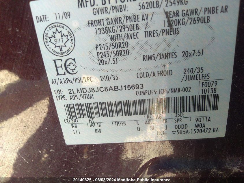 2010 Lincoln Mkx VIN: 2LMDJ8JC8ABJ15693 Lot: 20140825