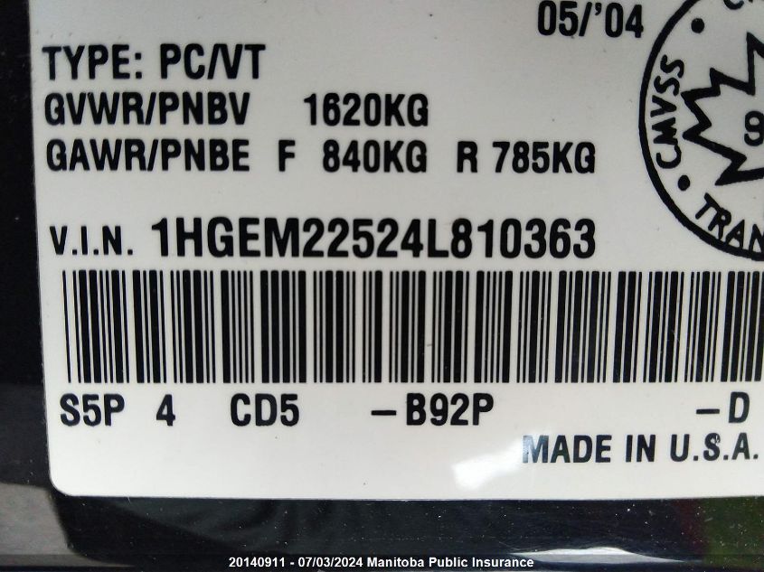 2004 Honda Civic Lx VIN: 1HGEM22524L810363 Lot: 20140911