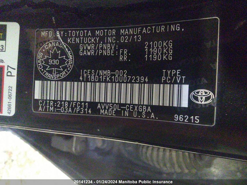 4T1BD1FK1DU072394 2013 Toyota Camry Xle Hybrid