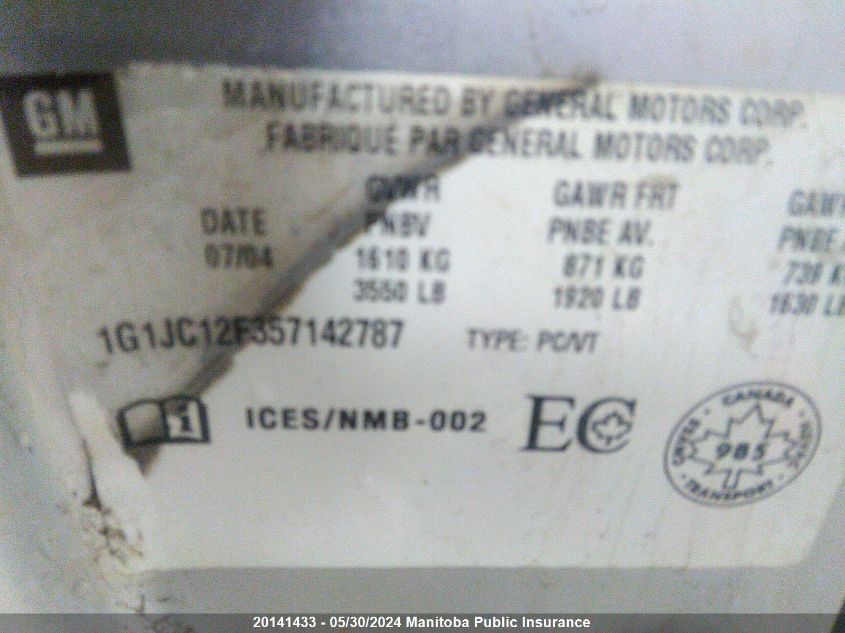 2005 Chevrolet Cavalier VIN: 1G1JC12F357142787 Lot: 20141433