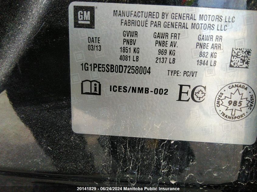 2013 Chevrolet Cruze Lt Turbo VIN: 1G1PE5SB0D7258004 Lot: 20141829