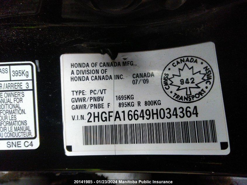 2HGFA16649H034364 2009 Honda Civic Sport