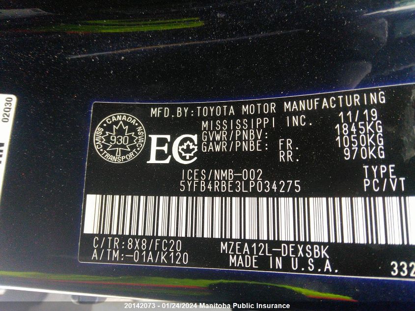 5YFB4RBE3LP034275 2020 Toyota Corolla Se