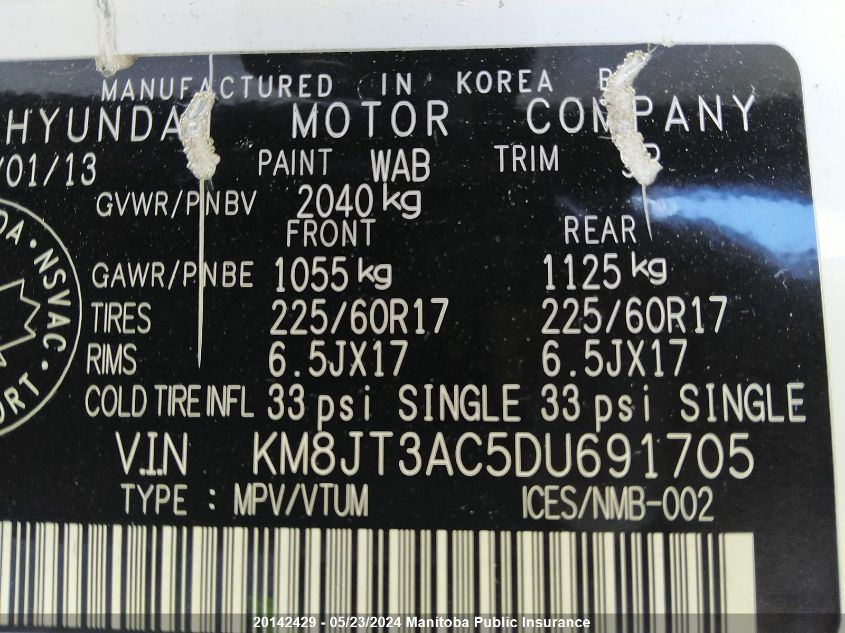 2013 Hyundai Tucson Gl VIN: KM8JT3AC5DU691705 Lot: 20142429