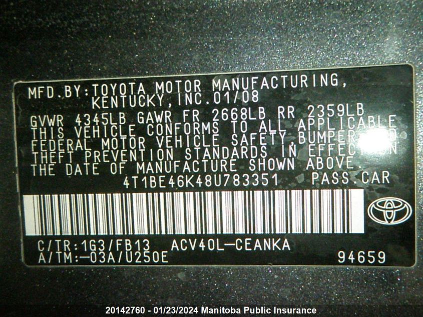 4T1BE46K48U783351 2008 Toyota Camry Le