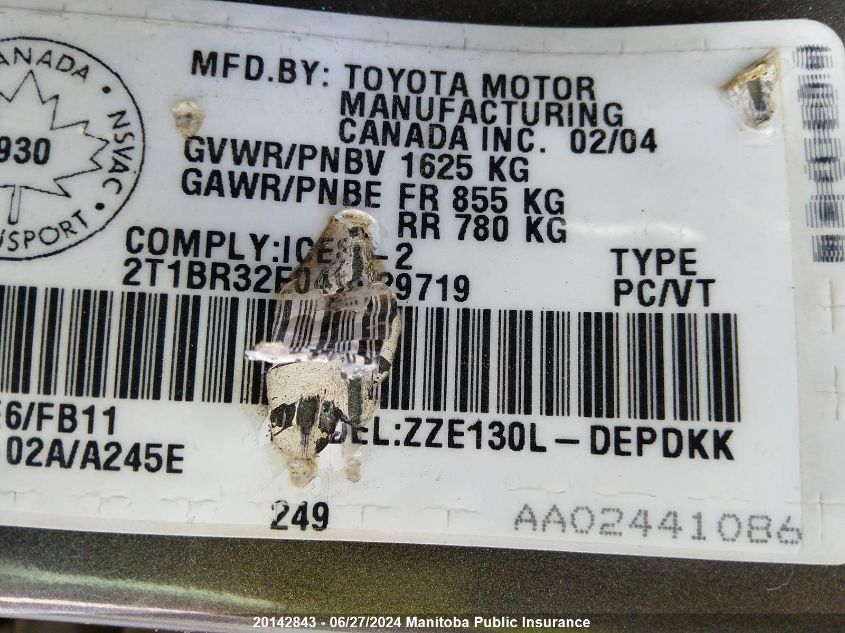 2004 Toyota Corolla VIN: 2T1BR32E04C829719 Lot: 20142843