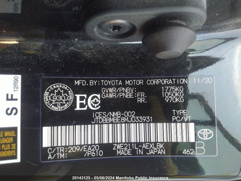 2021 Toyota Corolla Hybrid VIN: JTDBBMBE8MJ033931 Lot: 20143125