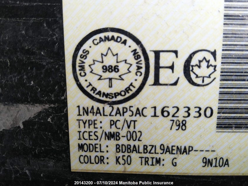 2010 Nissan Altima 2.5 S VIN: 1N4AL2AP5AC162330 Lot: 20143200