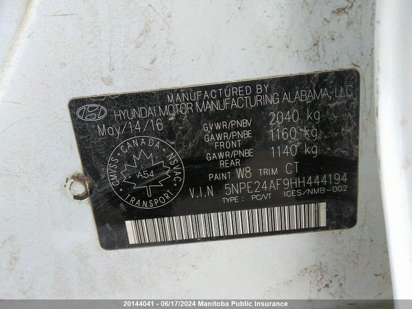 2017 Hyundai Sonata Gls VIN: 5NPE24AF9HH444194 Lot: 20144041