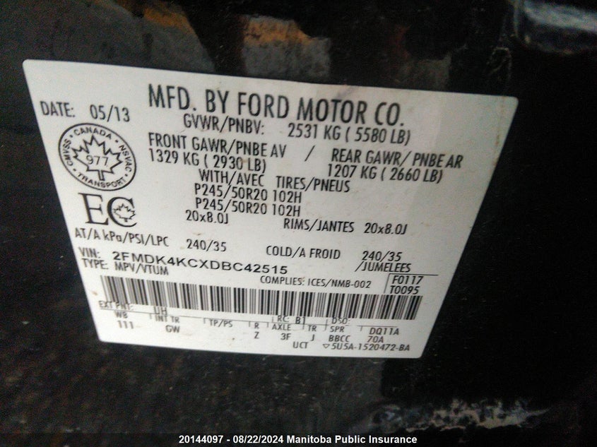 2013 Ford Edge Limited VIN: 2FMDK4KCXDBC42515 Lot: 20144097