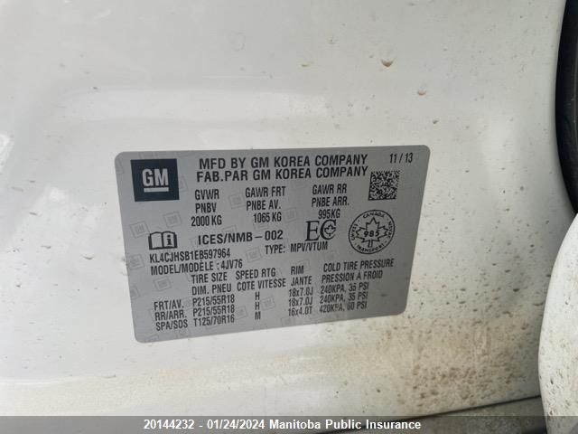 2014 Buick Encore VIN: KL4CJHSB1EB597964 Lot: 20144232