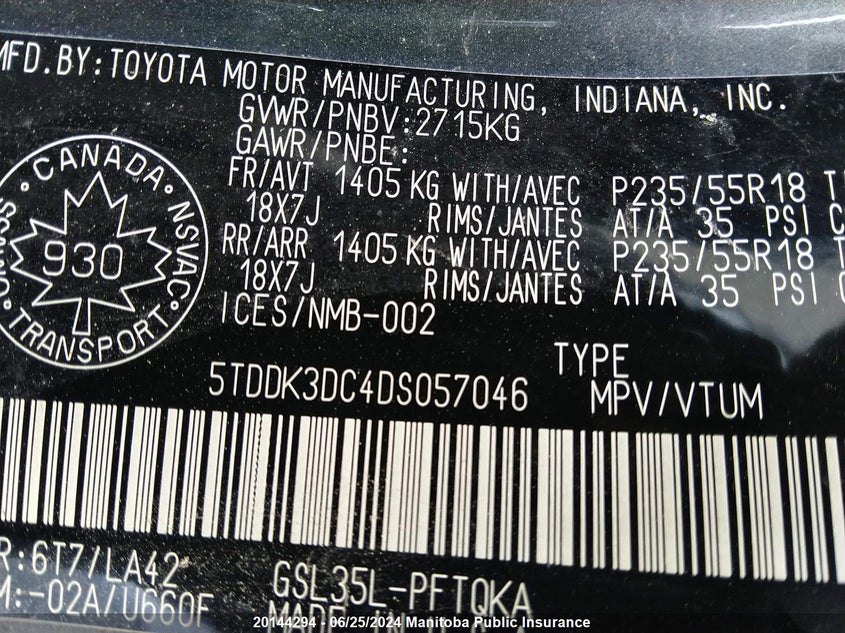 2013 Toyota Sienna Xle V6 VIN: 5TDDK3DC4DS057046 Lot: 20144294