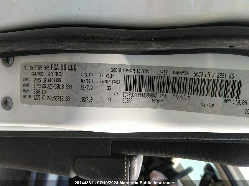 2017 Jeep Cherokee Sport VIN: 1C4PJLAB9HW580807 Lot: 20144381