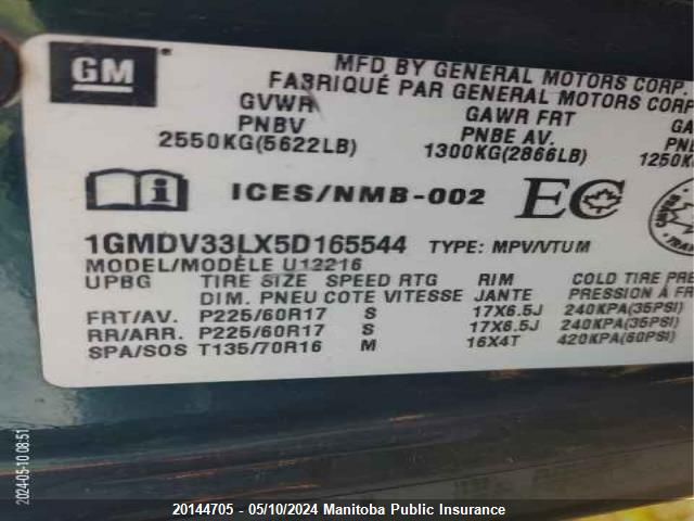 2005 Pontiac Montana Sv6 Ext VIN: 1GMDV33LX5D165544 Lot: 20144705