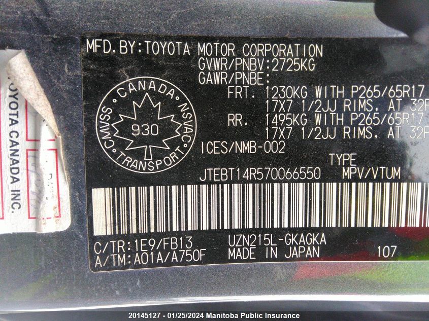 JTEBT14R570066550 2007 Toyota 4Runner Sr5 V8