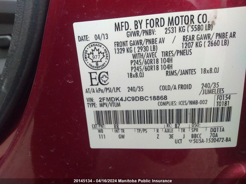 2013 Ford Edge Sel VIN: 2FMDK4JC9DBC18868 Lot: 20145134