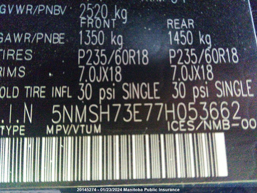 5NMSH73E77H053662 2007 Hyundai Santa Fe Gl