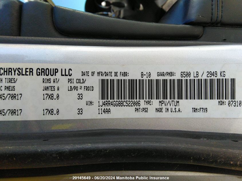 2011 Jeep Grand Cherokee Laredo VIN: 1J4RR4GG8BC522006 Lot: 20145649