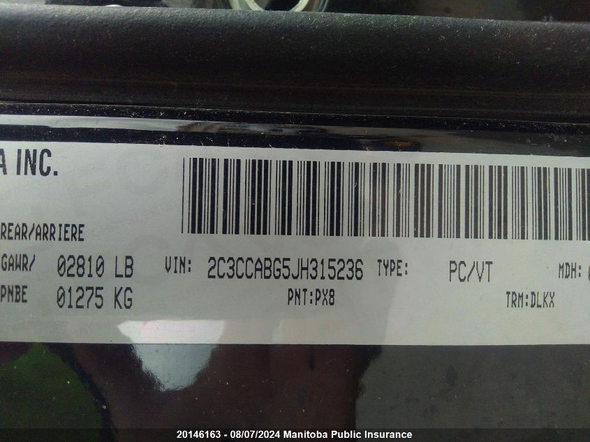 2018 Chrysler 300 S VIN: 2C3CCABG5JH315236 Lot: 20146163