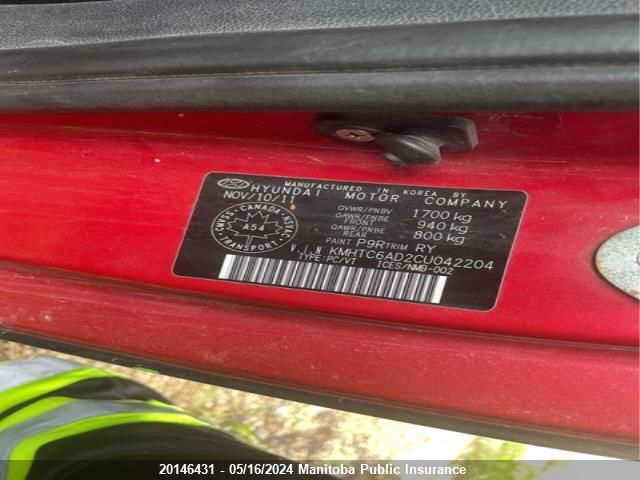 2012 Hyundai Veloster VIN: KMHTC6AD2CU042204 Lot: 20146431